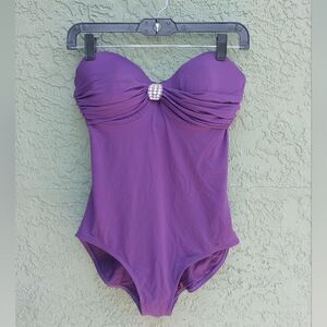 EUC AUTOGRAPH Purple Rhinestone Wire One Piece High Rise Bathing Suit 34DD